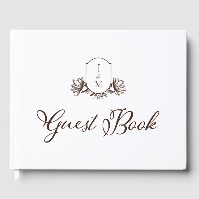 Elegant Calligraphy & Botanical Monogram Crest  Guest Book (Front)