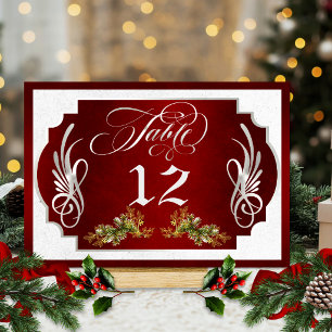 Elegant Calligraphy, Botanical - Red/Silver Table Number
