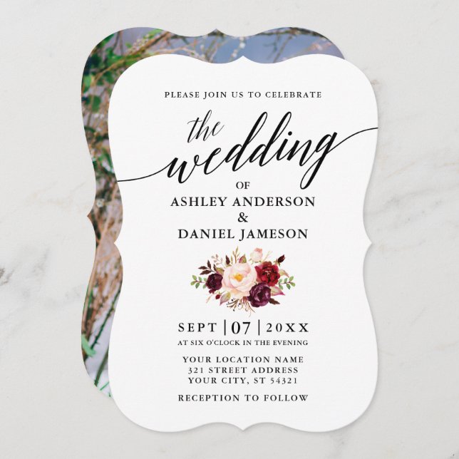 Elegant Calligraphy Burgundy Floral Photo Wedding Invitation (Front/Back)