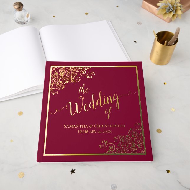 Elegant Calligraphy Burgundy & Gold Foil Wedding Guest Book (Front Open)