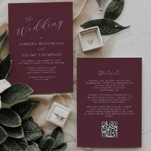 Elegant Calligraphy Burgundy QR Code Wedding Invitation