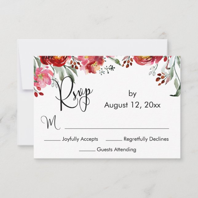 Elegant Calligraphy Burgundy Red Fall Flowers RSVP Card (Front)