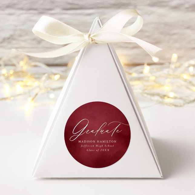 Elegant Calligraphy Burgundy Watercolor Graduation Classic Round Sticker (Creator Uploaded)