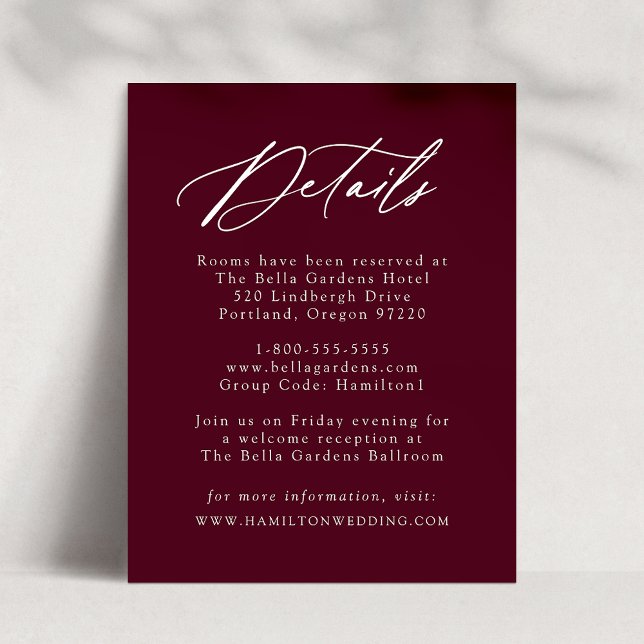 Elegant Calligraphy Burgundy Wedding Details Enclosure Card (Creator Uploaded)