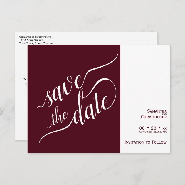 Elegant Calligraphy Burgundy Wedding Save the Date Announcement Postcard (Front/Back)