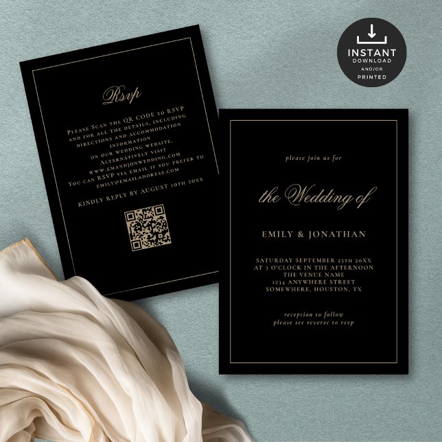 Elegant Calligraphy Champagne Gold Black Wedding Invitation (Front and back view)