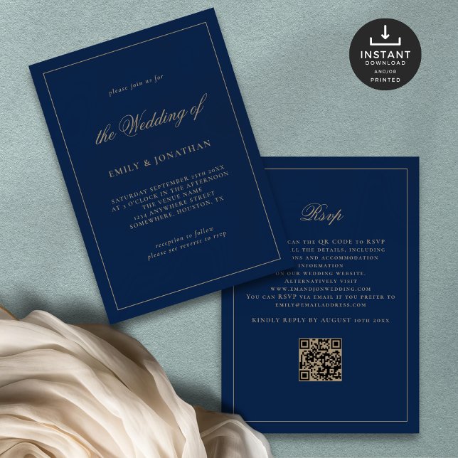Elegant Calligraphy Champagne Gold Navy Wedding Invitation (Front and back view)