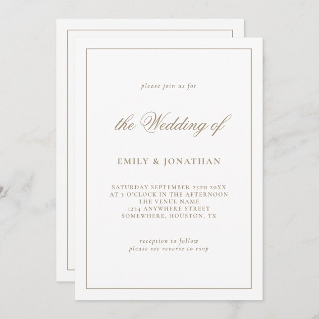 Elegant Calligraphy Champagne Gold Wedding Invitation (Front/Back)