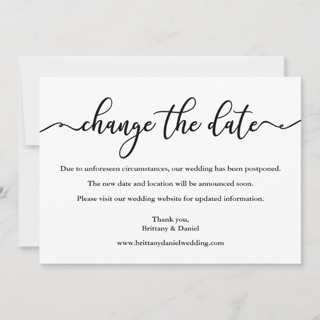 Elegant Calligraphy Change The Date Wedding Card (Front)