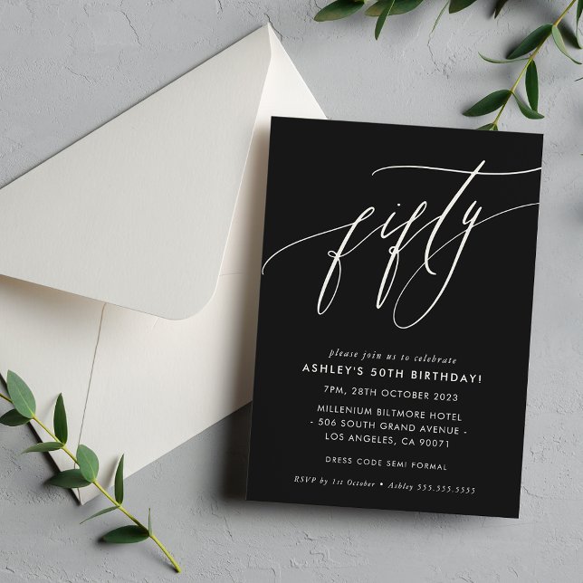 ELEGANT Calligraphy chic 50th birthday black white Invitation (Creator Uploaded)
