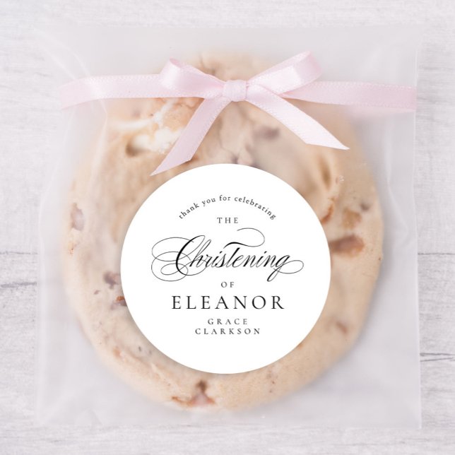 Elegant Calligraphy Christening Thank You Classic Round Sticker (Creator Uploaded)