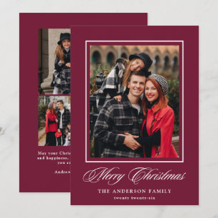 Elegant Calligraphy Christmas Burgundy 4 Photo Holiday Card
