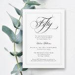 Elegant Calligraphy Classic 50th Birthday Party Invitation<br><div class="desc">Plan an elegant 50th birthday celebration with this classic white party invitation featuring lovely calligraphy script spelling out "Fifty" in formal style. This tasteful gender-neutral invitation has a double lined frame in subtle silver-grey surrounding your text. Personalise the easy-to-use text template with your event details. For your convenience, this invitation...</div>