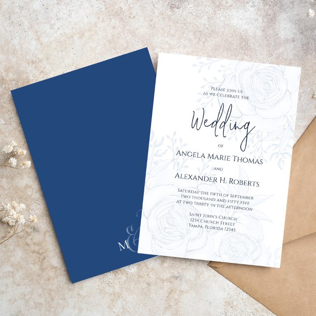 Elegant Calligraphy Classic Blue Floral Simple Invitation (Wedding invitation with elegant floral foliage design)