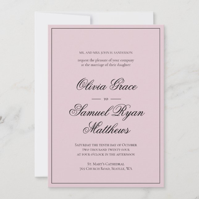 Elegant Calligraphy Classic Border Pink Wedding Invitation (Front)