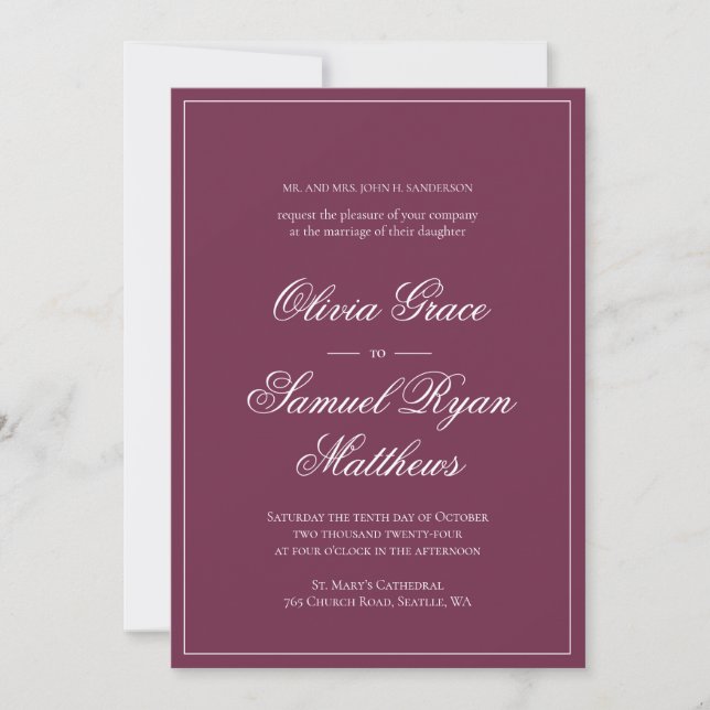 Elegant Calligraphy Classic Burgundy Wedding Invitation (Front)