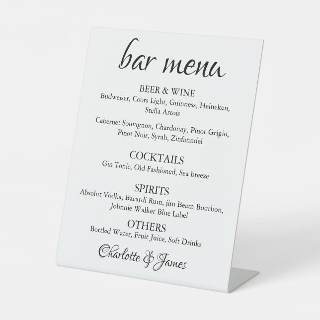 Elegant Calligraphy Classic Wedding Bar Menu Pedestal Sign (Front)