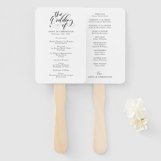 Elegant Calligraphy Classic Wedding Program Hand Fan (Front and Back)