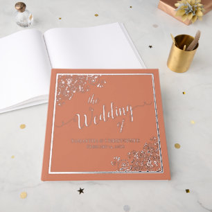 Elegant Calligraphy Coral & Silver Foil Wedding Guest Book