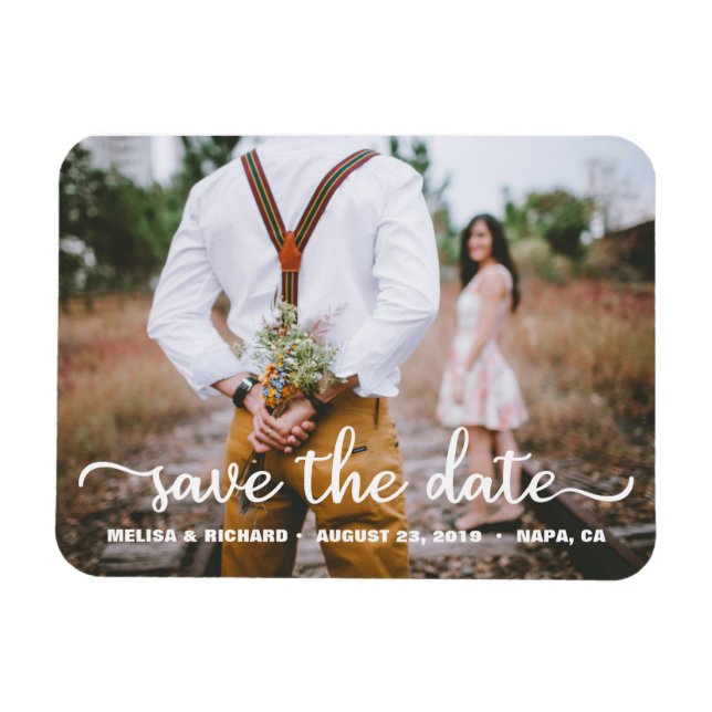 Elegant Calligraphy Couple Photo Save The Date Magnet (Horizontal)
