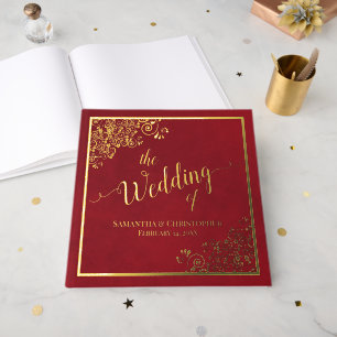 Elegant Calligraphy Crimson Red Gold Foil Wedding Guest Book