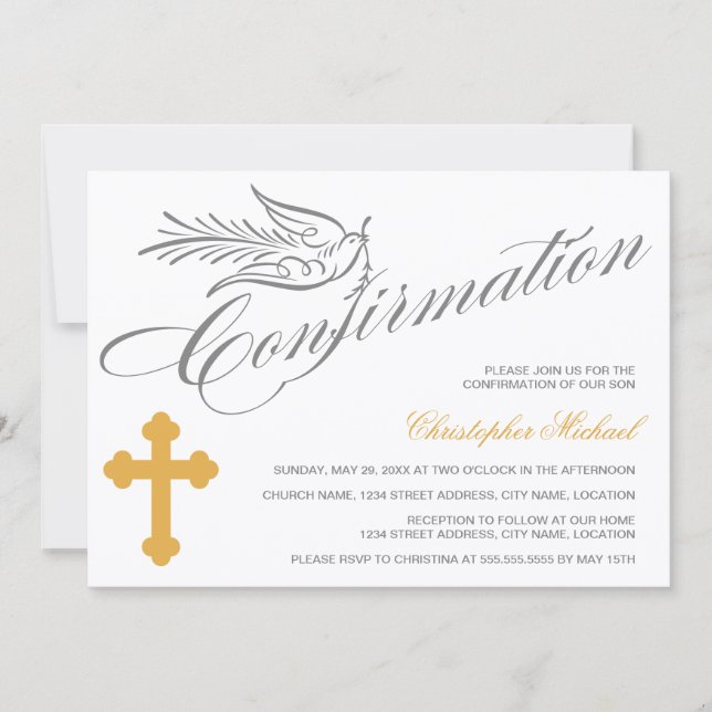 Elegant Calligraphy Cross and Dove Confirmation Invitation (Front)