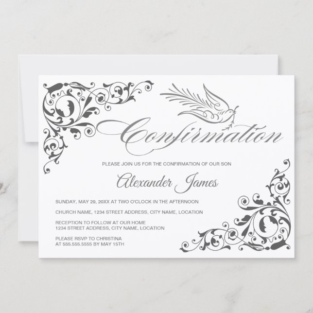 Elegant Calligraphy Cross and Dove Confirmation Invitation (Front)