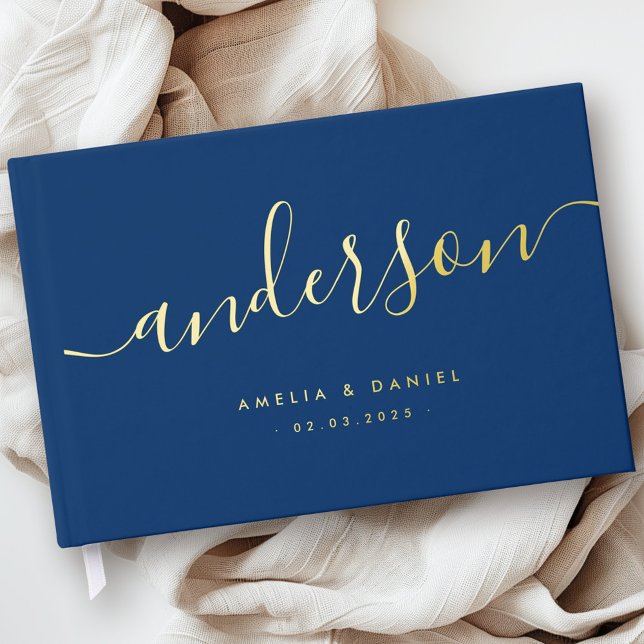 Elegant calligraphy dark blue wedding real foil guest book (Elegant calligraphy dark blue wedding real foil guest book)