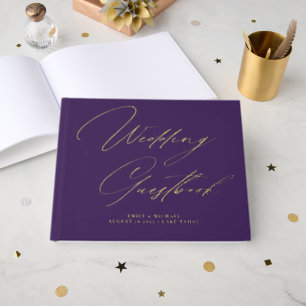 Elegant Calligraphy Dark Purple Gold Foil Wedding  Guest Book