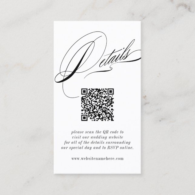 Elegant Calligraphy Details QR Code Business Card (Front)