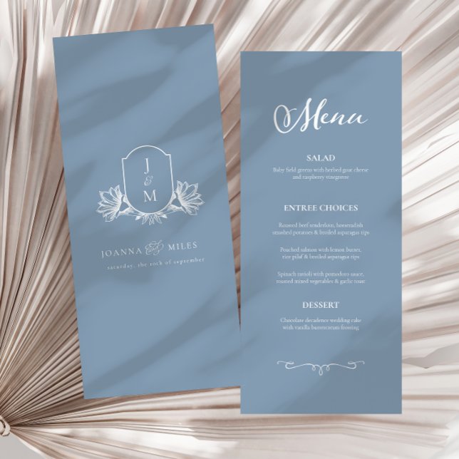 Elegant Calligraphy Dusty Blue Crest Wedding Menu (Creator Uploaded)