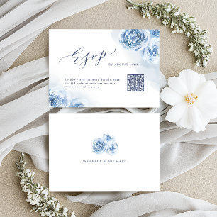 Elegant calligraphy dusty blue floral QR code RSVP Card