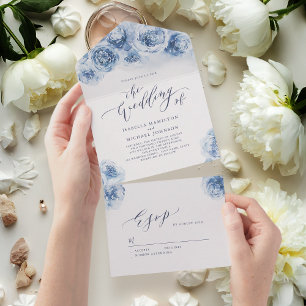 Elegant calligraphy dusty blue floral wedding all in one invitation