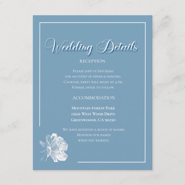 Elegant Calligraphy Dusty Blue Floral Wedding Enclosure Card (Front)