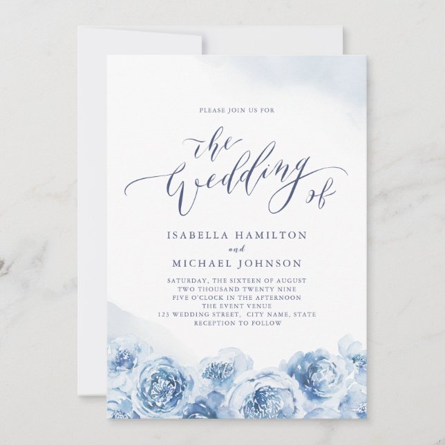 Elegant calligraphy dusty blue floral wedding invitation (Front)