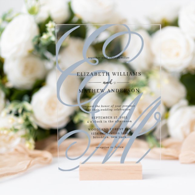 Elegant Calligraphy Dusty Blue Monogram Wedding Acrylic Invitations (Creator Uploaded)