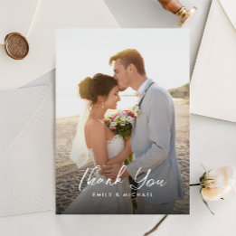 Elegant Calligraphy Dusty Blue Photo Wedding Thank You Card