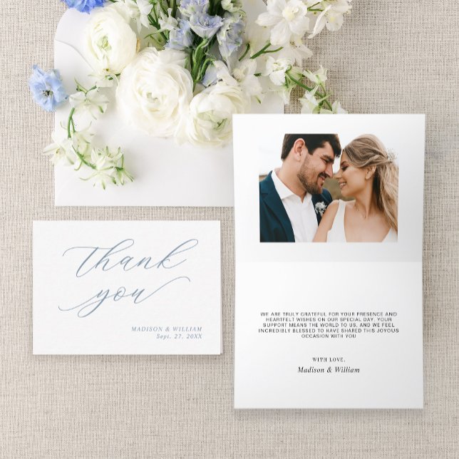 Elegant Calligraphy Dusty Blue Photo Wedding Thank You Card (Creator Uploaded)