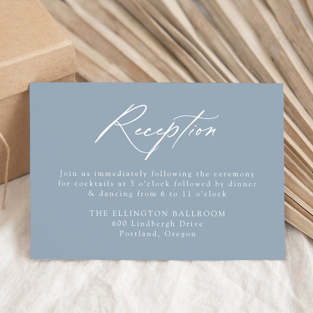 Elegant Calligraphy Dusty Blue Wedding Reception Enclosure Card (Creator Uploaded)
