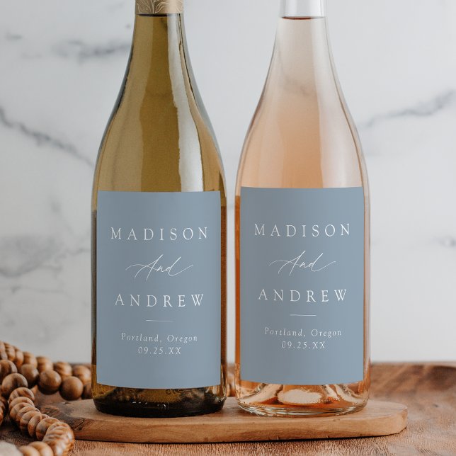 Elegant Calligraphy Dusty Blue Wedding Wine Label (Creator Uploaded)