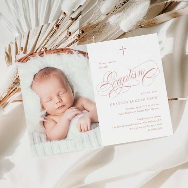 Elegant Calligraphy Dusty Pink Girls Photo Baptism Invitation (Elegant calligraphy dusty pink baby photo girls baptism invitation.)