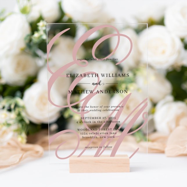 Elegant Calligraphy Dusty Pink Monogram Wedding Acrylic Invitations (Creator Uploaded)