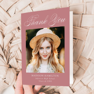 Elegant Calligraphy Dusty Rose Photo Graduation Thank You Card