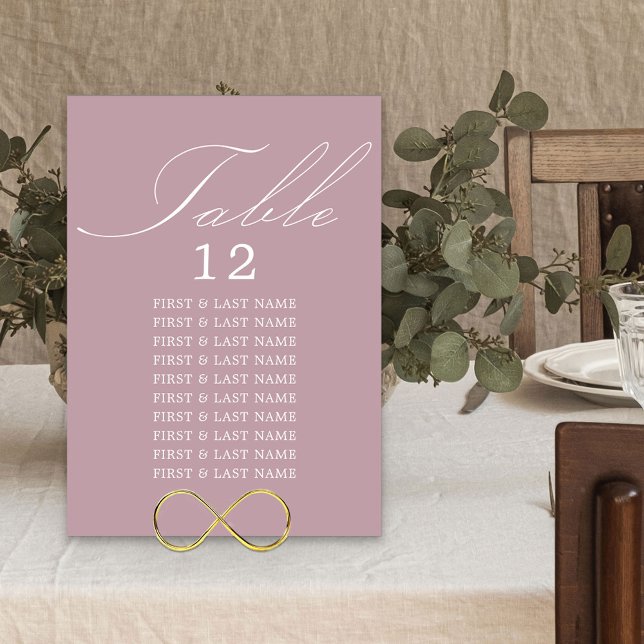 Elegant Calligraphy Dusty Rose Table Seating Card (Dusty Rose Wedding Table Number and Guest Names)
