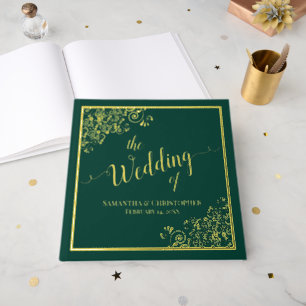 Elegant Calligraphy Emerald & Gold Foil Wedding Guest Book