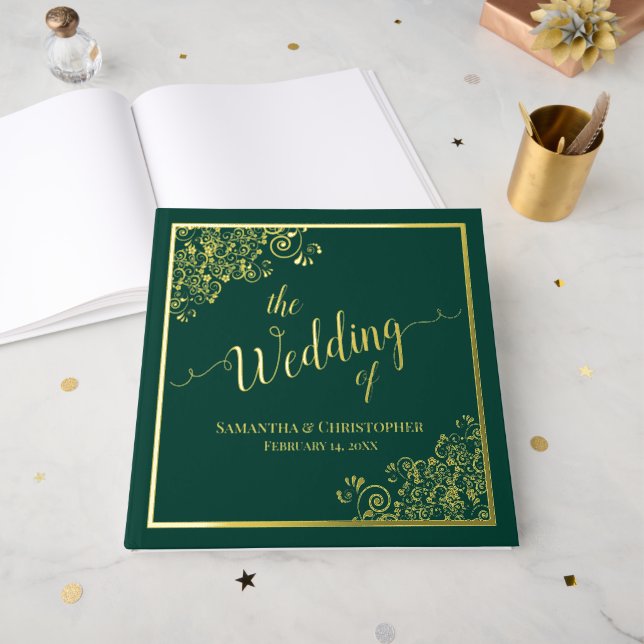 Elegant Calligraphy Emerald & Gold Foil Wedding Guest Book (Front Open)