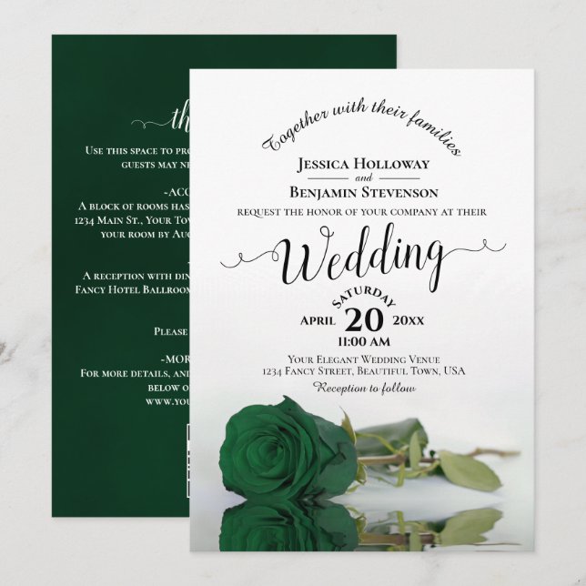 Elegant Calligraphy Emerald Rose QR Code Wedding Invitation (Front/Back)