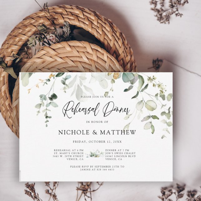 Elegant Calligraphy Eucalyptus Rehearsal Dinner Invitation (Creator Uploaded)
