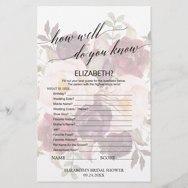 Elegant Calligraphy Faded Floral Bridal Game (Front)