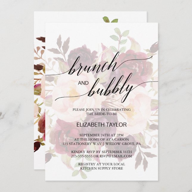 Elegant Calligraphy | Faded Floral Brunch & Bubbly Invitation (Front/Back)